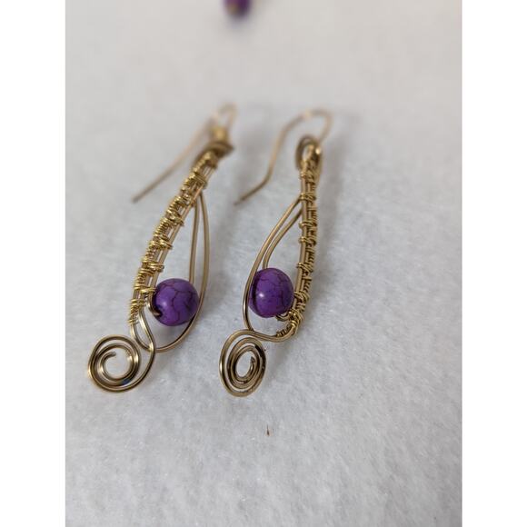 Purple copper stone pendant Wire wrapped Viking knit Hook clasp chain +earrings - Picture 3 of 6